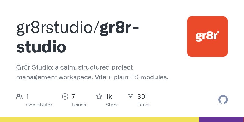 GitHub - gr8rstudio/gr8r-studio: Gr8r Studio: a calm, structured project management workspace. Vite + plain ES modules.