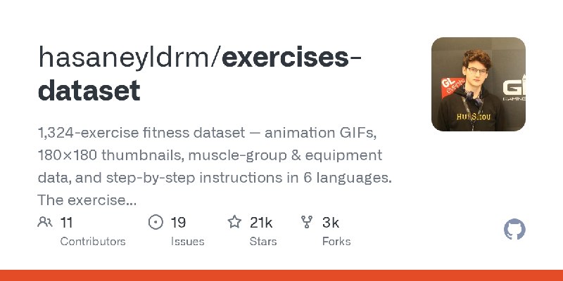 GitHub - hasaneyldrm/exercises-dataset: 1,324-exercise fitness dataset — animation GIFs, 180×180 thumbnails, muscle-group & equipment…