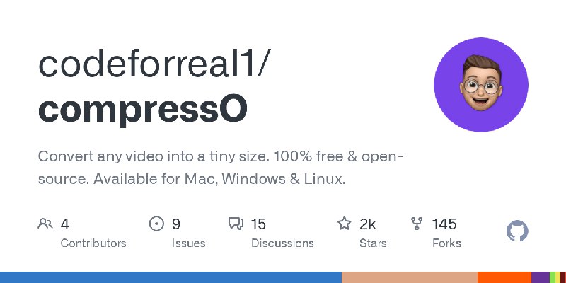 GitHub - codeforreal1/compressO: Convert any video into a tiny size. 100% free & open-source. Available for Mac, Windows & Linux.