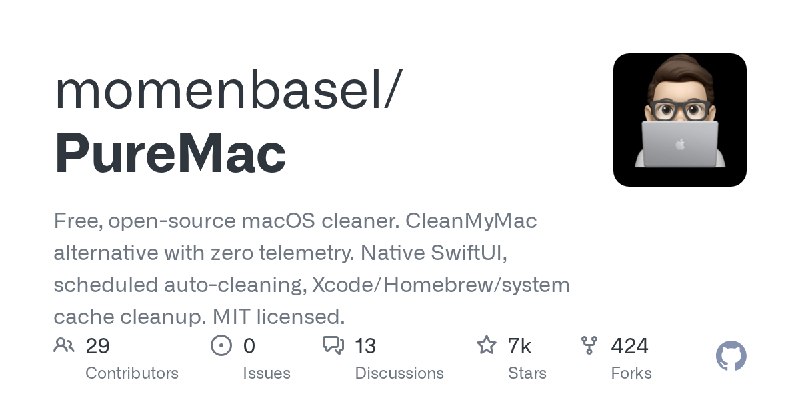 GitHub - momenbasel/PureMac: Free, open-source macOS cleaner. CleanMyMac alternative with zero telemetry. Native SwiftUI, scheduled…